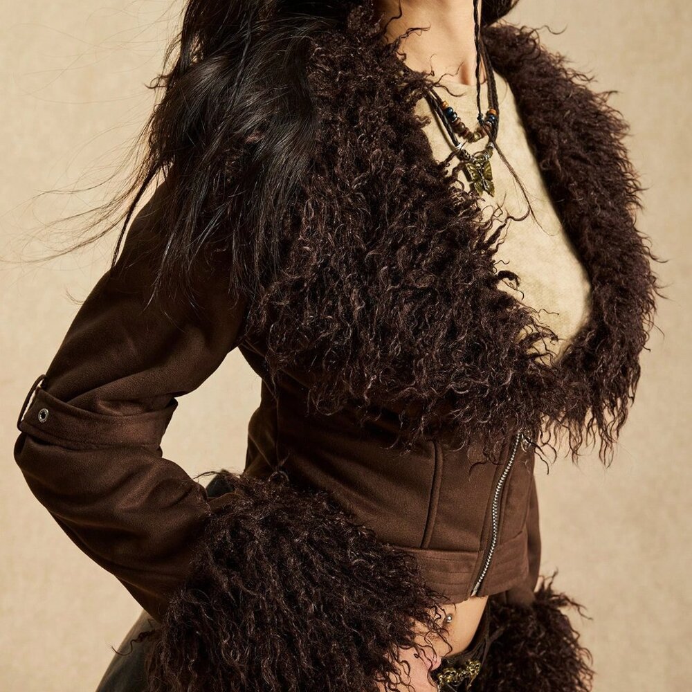Coffee Brown Western Style Fuzzy Zip-Up Women's Jacket
